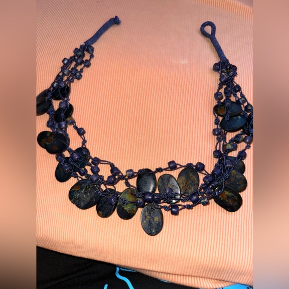 Blue and gold carved beads made from natural bone necklace - Picture 7 of 9